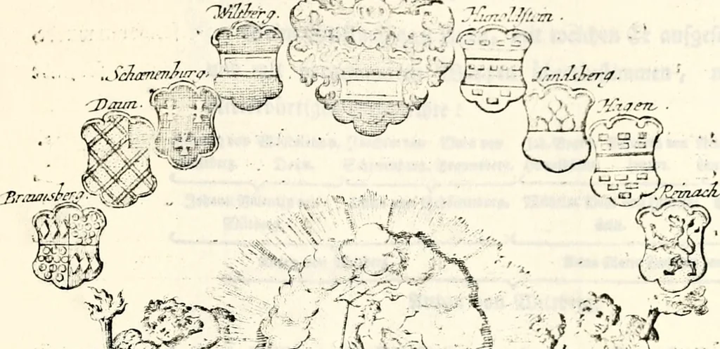 An illustration from Proben des hohen Teütschen Reichs Adels, oder, Sammlungen alter Denkmäler, Grabsteinen, Wappen, Inn- und Urschriften, u: d: nach ihrem wahren Urbilde aufgenommen unter offener Treüe bewähret und durch Anenbäume auch sonstige Nachrichten erkläret und erläuteret, 1775, leaf 436