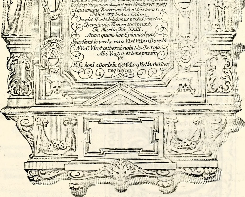 An illustration from Proben des hohen Teütschen Reichs Adels, oder, Sammlungen alter Denkmäler, Grabsteinen, Wappen, Inn- und Urschriften, u: d: nach ihrem wahren Urbilde aufgenommen unter offener Treüe bewähret und durch Anenbäume auch sonstige Nachrichten erkläret und erläuteret, 1775, leaf 448