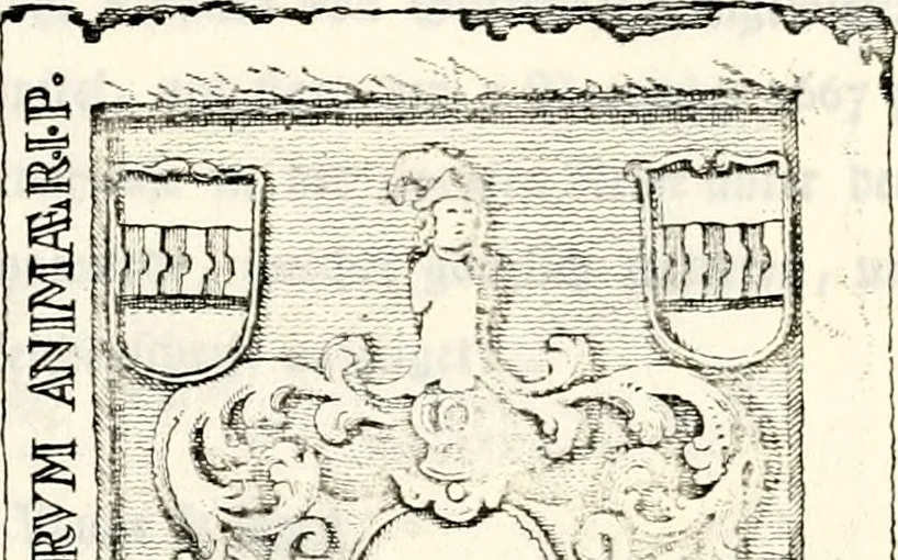 An illustration from Proben des hohen Teütschen Reichs Adels, oder, Sammlungen alter Denkmäler, Grabsteinen, Wappen, Inn- und Urschriften, u: d: nach ihrem wahren Urbilde aufgenommen unter offener Treüe bewähret und durch Anenbäume auch sonstige Nachrichten erkläret und erläuteret, 1775, leaf 450