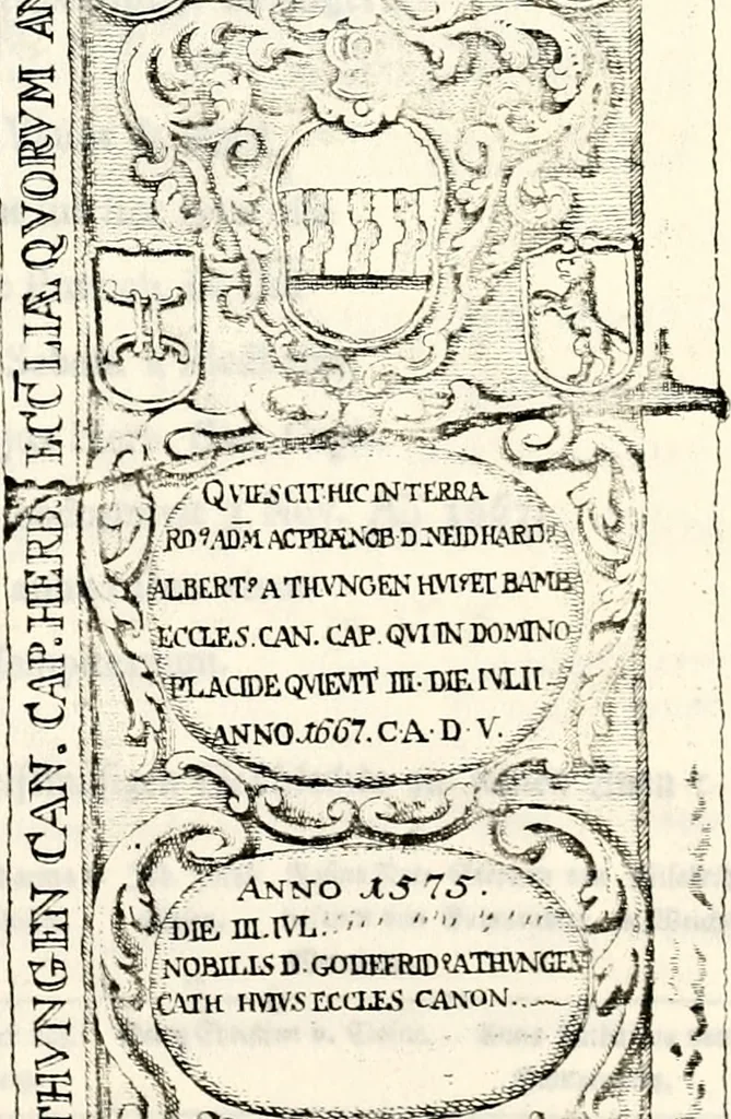 An illustration from Proben des hohen Teütschen Reichs Adels, oder, Sammlungen alter Denkmäler, Grabsteinen, Wappen, Inn- und Urschriften, u: d: nach ihrem wahren Urbilde aufgenommen unter offener Treüe bewähret und durch Anenbäume auch sonstige Nachrichten erkläret und erläuteret, 1775, leaf 450
