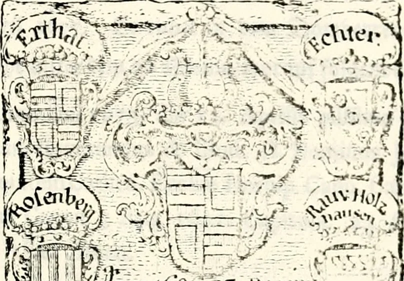 An illustration from Proben des hohen Teütschen Reichs Adels, oder, Sammlungen alter Denkmäler, Grabsteinen, Wappen, Inn- und Urschriften, u: d: nach ihrem wahren Urbilde aufgenommen unter offener Treüe bewähret und durch Anenbäume auch sonstige Nachrichten erkläret und erläuteret, 1775, leaf 456