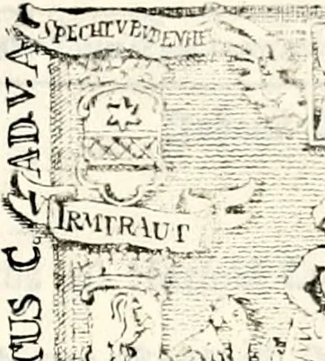 An illustration from Proben des hohen Teütschen Reichs Adels, oder, Sammlungen alter Denkmäler, Grabsteinen, Wappen, Inn- und Urschriften, u: d: nach ihrem wahren Urbilde aufgenommen unter offener Treüe bewähret und durch Anenbäume auch sonstige Nachrichten erkläret und erläuteret, 1775, leaf 472