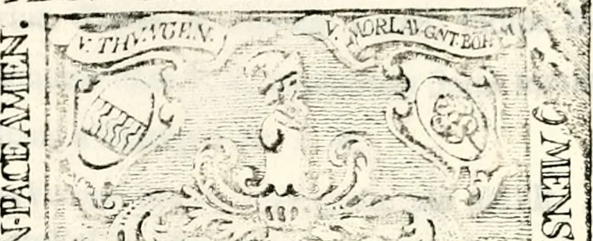 An illustration from Proben des hohen Teütschen Reichs Adels, oder, Sammlungen alter Denkmäler, Grabsteinen, Wappen, Inn- und Urschriften, u: d: nach ihrem wahren Urbilde aufgenommen unter offener Treüe bewähret und durch Anenbäume auch sonstige Nachrichten erkläret und erläuteret, 1775, leaf 482