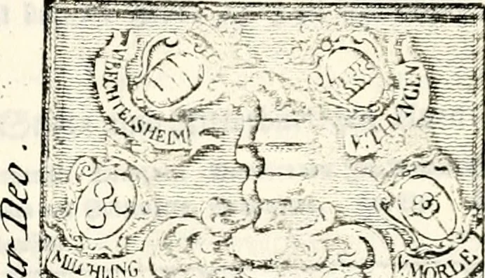 An illustration from Proben des hohen Teütschen Reichs Adels, oder, Sammlungen alter Denkmäler, Grabsteinen, Wappen, Inn- und Urschriften, u: d: nach ihrem wahren Urbilde aufgenommen unter offener Treüe bewähret und durch Anenbäume auch sonstige Nachrichten erkläret und erläuteret, 1775, leaf 498