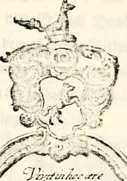 An illustration from Proben des hohen Teütschen Reichs Adels, oder, Sammlungen alter Denkmäler, Grabsteinen, Wappen, Inn- und Urschriften, u: d: nach ihrem wahren Urbilde aufgenommen unter offener Treüe bewähret und durch Anenbäume auch sonstige Nachrichten erkläret und erläuteret, 1775, leaf 508