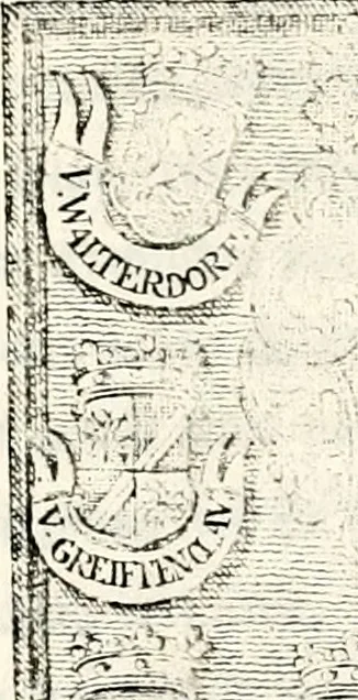An illustration from Proben des hohen Teütschen Reichs Adels, oder, Sammlungen alter Denkmäler, Grabsteinen, Wappen, Inn- und Urschriften, u: d: nach ihrem wahren Urbilde aufgenommen unter offener Treüe bewähret und durch Anenbäume auch sonstige Nachrichten erkläret und erläuteret, 1775, leaf 518