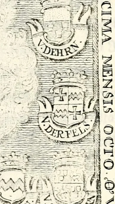An illustration from Proben des hohen Teütschen Reichs Adels, oder, Sammlungen alter Denkmäler, Grabsteinen, Wappen, Inn- und Urschriften, u: d: nach ihrem wahren Urbilde aufgenommen unter offener Treüe bewähret und durch Anenbäume auch sonstige Nachrichten erkläret und erläuteret, 1775, leaf 518