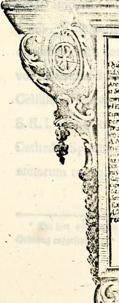 An illustration from Proben des hohen Teütschen Reichs Adels, oder, Sammlungen alter Denkmäler, Grabsteinen, Wappen, Inn- und Urschriften, u: d: nach ihrem wahren Urbilde aufgenommen unter offener Treüe bewähret und durch Anenbäume auch sonstige Nachrichten erkläret und erläuteret, 1775, leaf 522