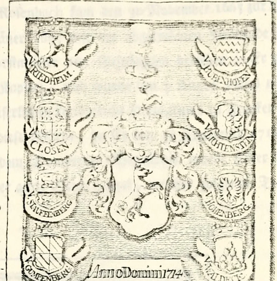 An illustration from Proben des hohen Teütschen Reichs Adels, oder, Sammlungen alter Denkmäler, Grabsteinen, Wappen, Inn- und Urschriften, u: d: nach ihrem wahren Urbilde aufgenommen unter offener Treüe bewähret und durch Anenbäume auch sonstige Nachrichten erkläret und erläuteret, 1775, leaf 550
