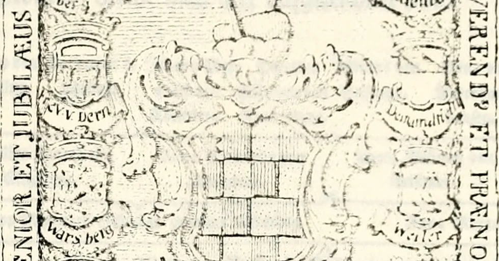 An illustration from Proben des hohen Teütschen Reichs Adels, oder, Sammlungen alter Denkmäler, Grabsteinen, Wappen, Inn- und Urschriften, u: d: nach ihrem wahren Urbilde aufgenommen unter offener Treüe bewähret und durch Anenbäume auch sonstige Nachrichten erkläret und erläuteret, 1775, leaf 560