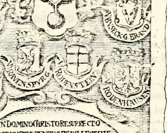 An illustration from Proben des hohen Teütschen Reichs Adels, oder, Sammlungen alter Denkmäler, Grabsteinen, Wappen, Inn- und Urschriften, u: d: nach ihrem wahren Urbilde aufgenommen unter offener Treüe bewähret und durch Anenbäume auch sonstige Nachrichten erkläret und erläuteret, 1775, leaf 562