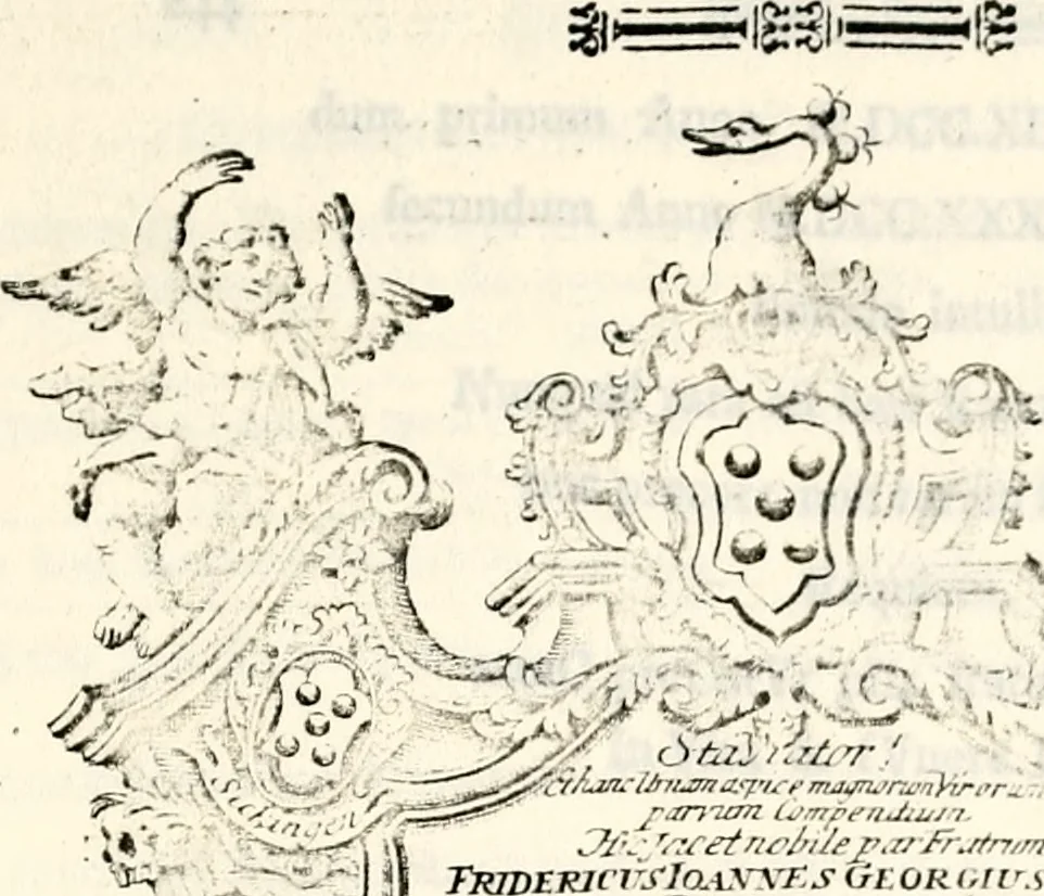 An illustration from Proben des hohen Teütschen Reichs Adels, oder, Sammlungen alter Denkmäler, Grabsteinen, Wappen, Inn- und Urschriften, u: d: nach ihrem wahren Urbilde aufgenommen unter offener Treüe bewähret und durch Anenbäume auch sonstige Nachrichten erkläret und erläuteret, 1775, leaf 576