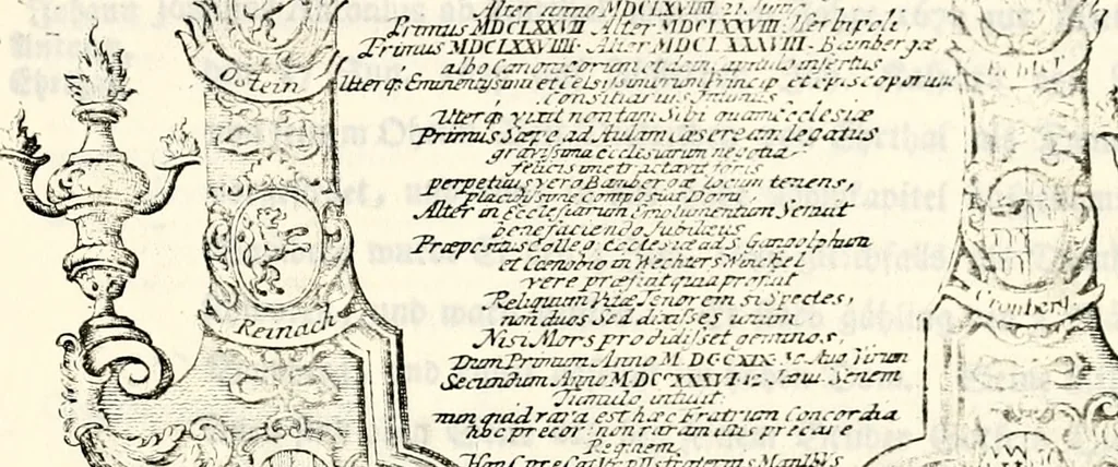 An illustration from Proben des hohen Teütschen Reichs Adels, oder, Sammlungen alter Denkmäler, Grabsteinen, Wappen, Inn- und Urschriften, u: d: nach ihrem wahren Urbilde aufgenommen unter offener Treüe bewähret und durch Anenbäume auch sonstige Nachrichten erkläret und erläuteret, 1775, leaf 576