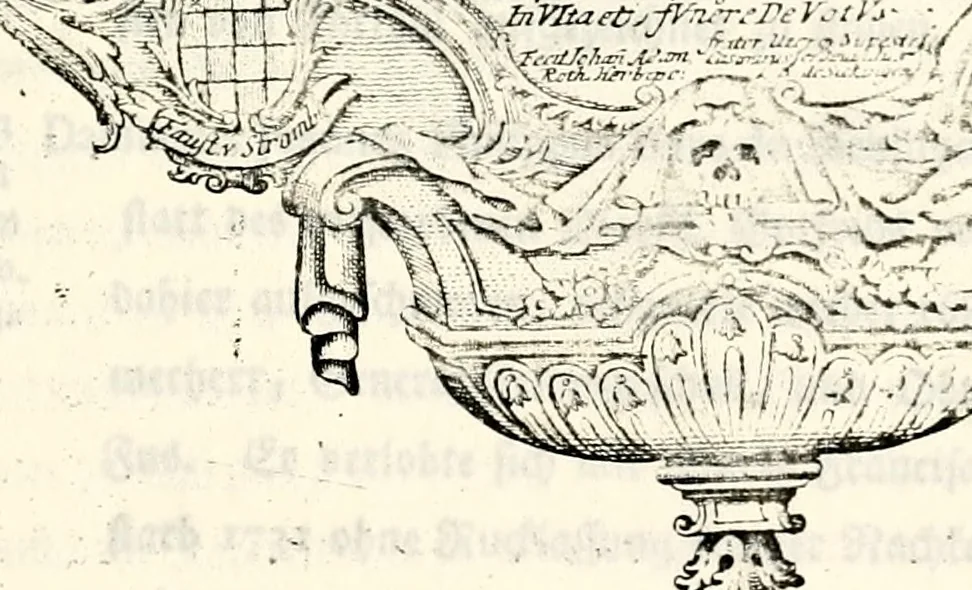 An illustration from Proben des hohen Teütschen Reichs Adels, oder, Sammlungen alter Denkmäler, Grabsteinen, Wappen, Inn- und Urschriften, u: d: nach ihrem wahren Urbilde aufgenommen unter offener Treüe bewähret und durch Anenbäume auch sonstige Nachrichten erkläret und erläuteret, 1775, leaf 576