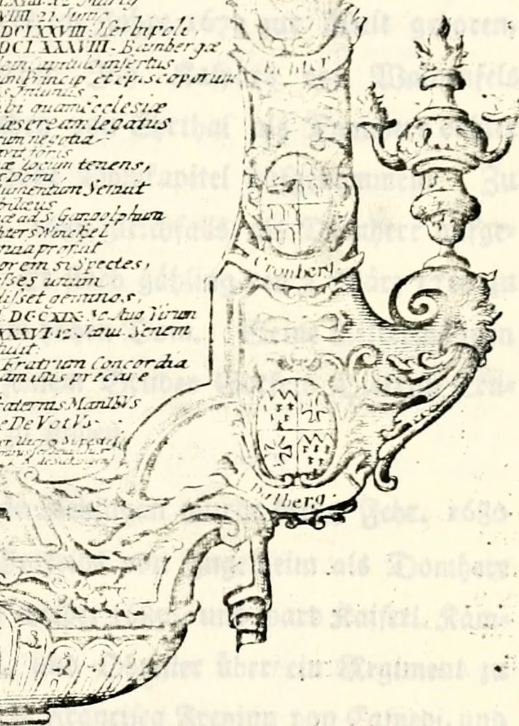 An illustration from Proben des hohen Teütschen Reichs Adels, oder, Sammlungen alter Denkmäler, Grabsteinen, Wappen, Inn- und Urschriften, u: d: nach ihrem wahren Urbilde aufgenommen unter offener Treüe bewähret und durch Anenbäume auch sonstige Nachrichten erkläret und erläuteret, 1775, leaf 576
