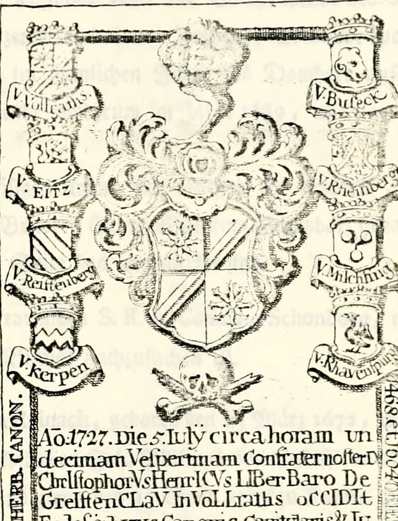 An illustration from Proben des hohen Teütschen Reichs Adels, oder, Sammlungen alter Denkmäler, Grabsteinen, Wappen, Inn- und Urschriften, u: d: nach ihrem wahren Urbilde aufgenommen unter offener Treüe bewähret und durch Anenbäume auch sonstige Nachrichten erkläret und erläuteret, 1775, leaf 582