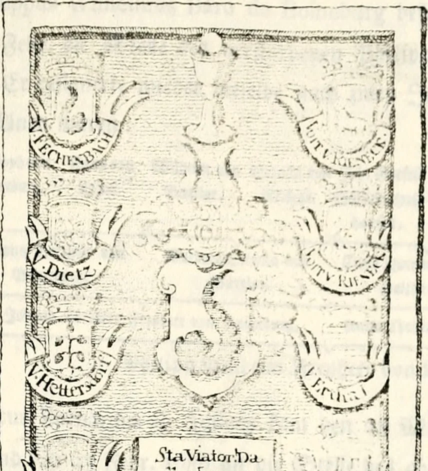 An illustration from Proben des hohen Teütschen Reichs Adels, oder, Sammlungen alter Denkmäler, Grabsteinen, Wappen, Inn- und Urschriften, u: d: nach ihrem wahren Urbilde aufgenommen unter offener Treüe bewähret und durch Anenbäume auch sonstige Nachrichten erkläret und erläuteret, 1775, leaf 600