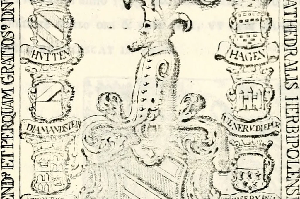 An illustration from Proben des hohen Teütschen Reichs Adels, oder, Sammlungen alter Denkmäler, Grabsteinen, Wappen, Inn- und Urschriften, u: d: nach ihrem wahren Urbilde aufgenommen unter offener Treüe bewähret und durch Anenbäume auch sonstige Nachrichten erkläret und erläuteret, 1775, leaf 624