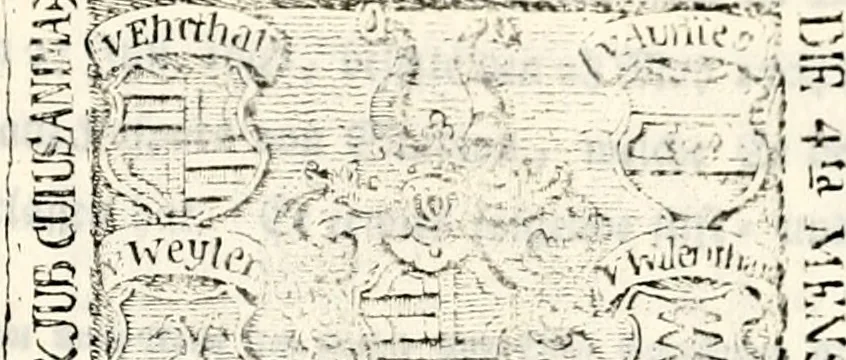 An illustration from Proben des hohen Teütschen Reichs Adels, oder, Sammlungen alter Denkmäler, Grabsteinen, Wappen, Inn- und Urschriften, u: d: nach ihrem wahren Urbilde aufgenommen unter offener Treüe bewähret und durch Anenbäume auch sonstige Nachrichten erkläret und erläuteret, 1775, leaf 644