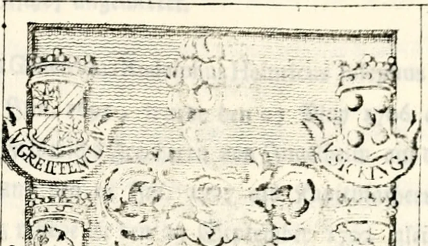 An illustration from Proben des hohen Teütschen Reichs Adels, oder, Sammlungen alter Denkmäler, Grabsteinen, Wappen, Inn- und Urschriften, u: d: nach ihrem wahren Urbilde aufgenommen unter offener Treüe bewähret und durch Anenbäume auch sonstige Nachrichten erkläret und erläuteret, 1775, leaf 648