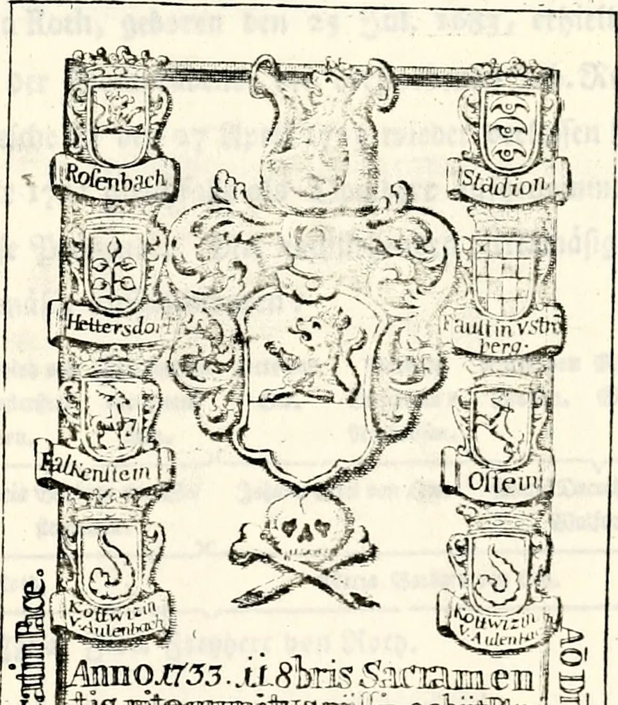 An illustration from Proben des hohen Teütschen Reichs Adels, oder, Sammlungen alter Denkmäler, Grabsteinen, Wappen, Inn- und Urschriften, u: d: nach ihrem wahren Urbilde aufgenommen unter offener Treüe bewähret und durch Anenbäume auch sonstige Nachrichten erkläret und erläuteret, 1775, leaf 650