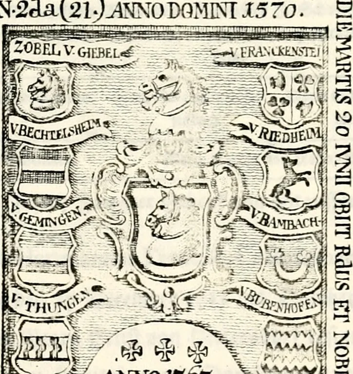 An illustration from Proben des hohen Teütschen Reichs Adels, oder, Sammlungen alter Denkmäler, Grabsteinen, Wappen, Inn- und Urschriften, u: d: nach ihrem wahren Urbilde aufgenommen unter offener Treüe bewähret und durch Anenbäume auch sonstige Nachrichten erkläret und erläuteret, 1775, leaf 654