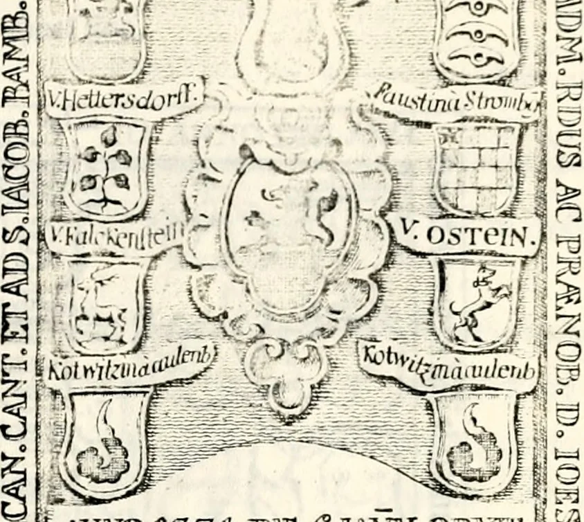 An illustration from Proben des hohen Teütschen Reichs Adels, oder, Sammlungen alter Denkmäler, Grabsteinen, Wappen, Inn- und Urschriften, u: d: nach ihrem wahren Urbilde aufgenommen unter offener Treüe bewähret und durch Anenbäume auch sonstige Nachrichten erkläret und erläuteret, 1775, leaf 658