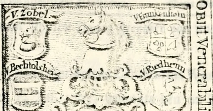 An illustration from Proben des hohen Teütschen Reichs Adels, oder, Sammlungen alter Denkmäler, Grabsteinen, Wappen, Inn- und Urschriften, u: d: nach ihrem wahren Urbilde aufgenommen unter offener Treüe bewähret und durch Anenbäume auch sonstige Nachrichten erkläret und erläuteret, 1775, leaf 660