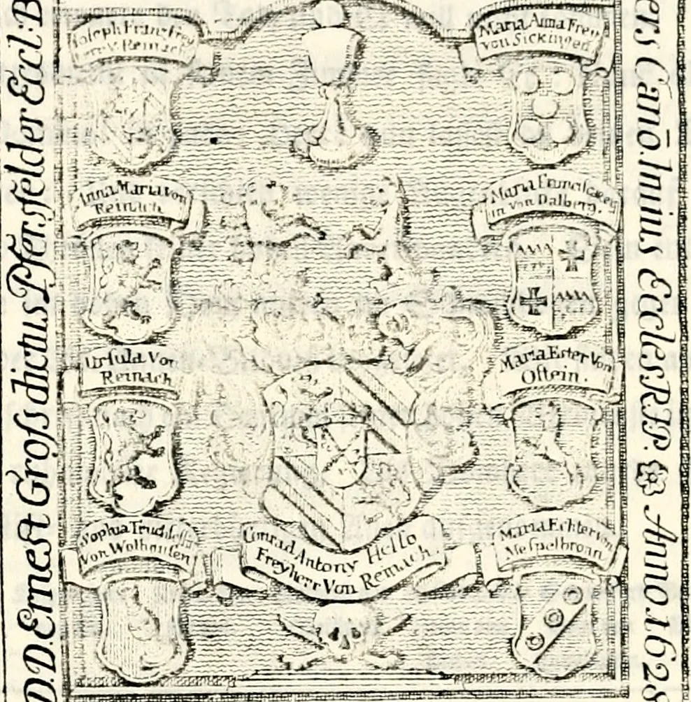 An illustration from Proben des hohen Teütschen Reichs Adels, oder, Sammlungen alter Denkmäler, Grabsteinen, Wappen, Inn- und Urschriften, u: d: nach ihrem wahren Urbilde aufgenommen unter offener Treüe bewähret und durch Anenbäume auch sonstige Nachrichten erkläret und erläuteret, 1775, leaf 674