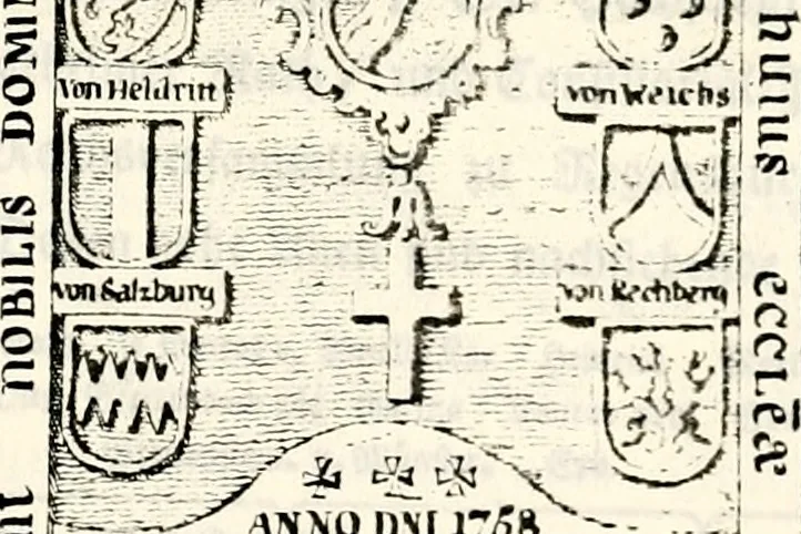An illustration from Proben des hohen Teütschen Reichs Adels, oder, Sammlungen alter Denkmäler, Grabsteinen, Wappen, Inn- und Urschriften, u: d: nach ihrem wahren Urbilde aufgenommen unter offener Treüe bewähret und durch Anenbäume auch sonstige Nachrichten erkläret und erläuteret, 1775, leaf 680