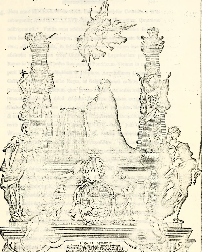 An illustration from Proben des hohen Teütschen Reichs Adels, oder, Sammlungen alter Denkmäler, Grabsteinen, Wappen, Inn- und Urschriften, u: d: nach ihrem wahren Urbilde aufgenommen unter offener Treüe bewähret und durch Anenbäume auch sonstige Nachrichten erkläret und erläuteret, 1775, leaf 690