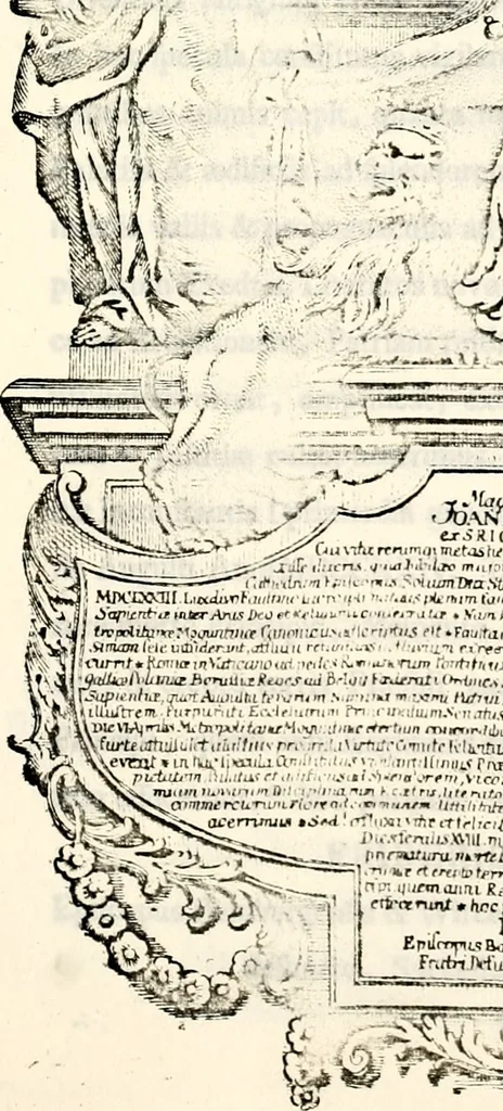 An illustration from Proben des hohen Teütschen Reichs Adels, oder, Sammlungen alter Denkmäler, Grabsteinen, Wappen, Inn- und Urschriften, u: d: nach ihrem wahren Urbilde aufgenommen unter offener Treüe bewähret und durch Anenbäume auch sonstige Nachrichten erkläret und erläuteret, 1775, leaf 690
