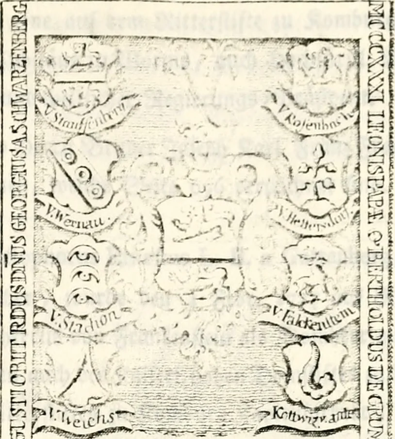 An illustration from Proben des hohen Teütschen Reichs Adels, oder, Sammlungen alter Denkmäler, Grabsteinen, Wappen, Inn- und Urschriften, u: d: nach ihrem wahren Urbilde aufgenommen unter offener Treüe bewähret und durch Anenbäume auch sonstige Nachrichten erkläret und erläuteret, 1775, leaf 698