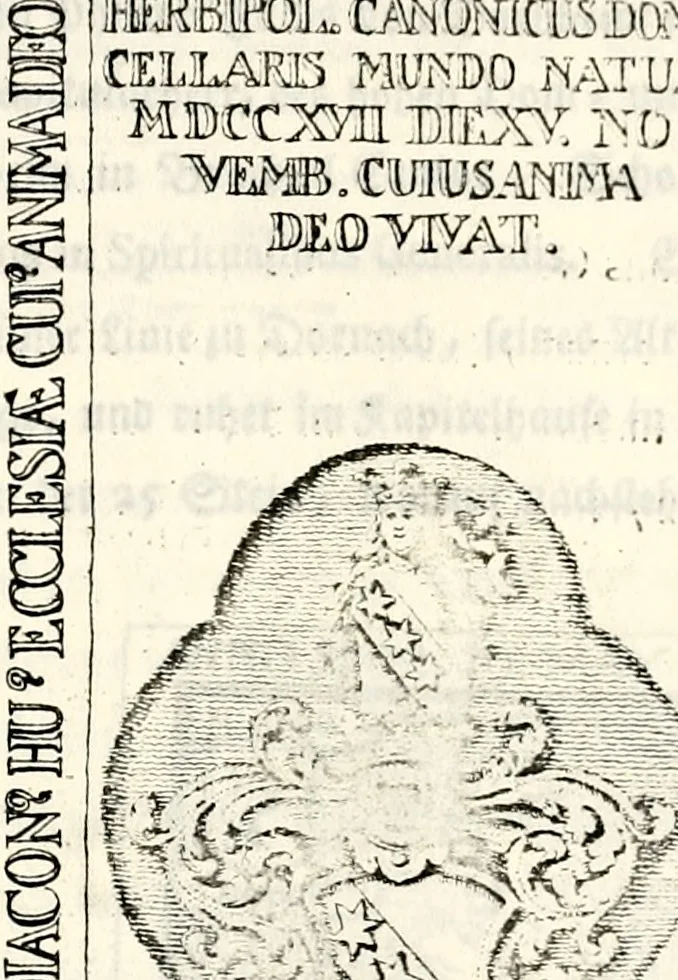 An illustration from Proben des hohen Teütschen Reichs Adels, oder, Sammlungen alter Denkmäler, Grabsteinen, Wappen, Inn- und Urschriften, u: d: nach ihrem wahren Urbilde aufgenommen unter offener Treüe bewähret und durch Anenbäume auch sonstige Nachrichten erkläret und erläuteret, 1775, leaf 704