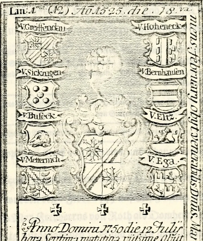 An illustration from Proben des hohen Teütschen Reichs Adels, oder, Sammlungen alter Denkmäler, Grabsteinen, Wappen, Inn- und Urschriften, u: d: nach ihrem wahren Urbilde aufgenommen unter offener Treüe bewähret und durch Anenbäume auch sonstige Nachrichten erkläret und erläuteret, 1775, leaf 734