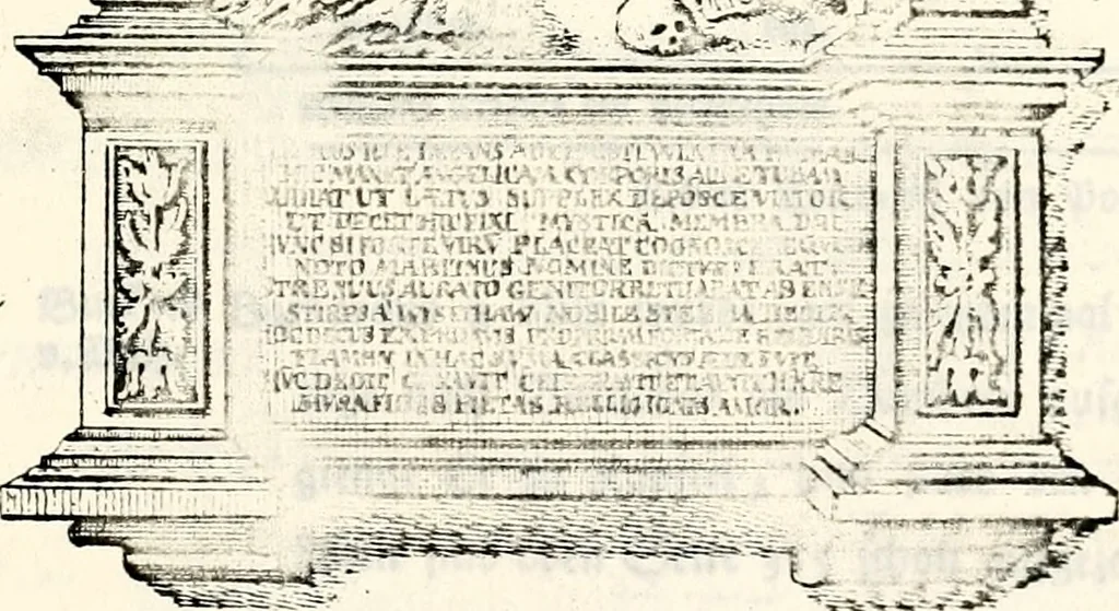 An illustration from Proben des hohen Teütschen Reichs Adels, oder, Sammlungen alter Denkmäler, Grabsteinen, Wappen, Inn- und Urschriften, u: d: nach ihrem wahren Urbilde aufgenommen unter offener Treüe bewähret und durch Anenbäume auch sonstige Nachrichten erkläret und erläuteret, 1775, leaf 8