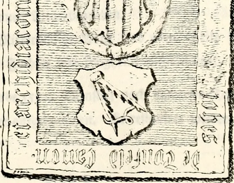 An illustration from Proben des hohen Teütschen Reichs Adels, oder, Sammlungen alter Denkmäler, Grabsteinen, Wappen, Inn- und Urschriften, u: d: nach ihrem wahren Urbilde aufgenommen unter offener Treüe bewähret und durch Anenbäume auch sonstige Nachrichten erkläret und erläuteret, 1775, leaf 82
