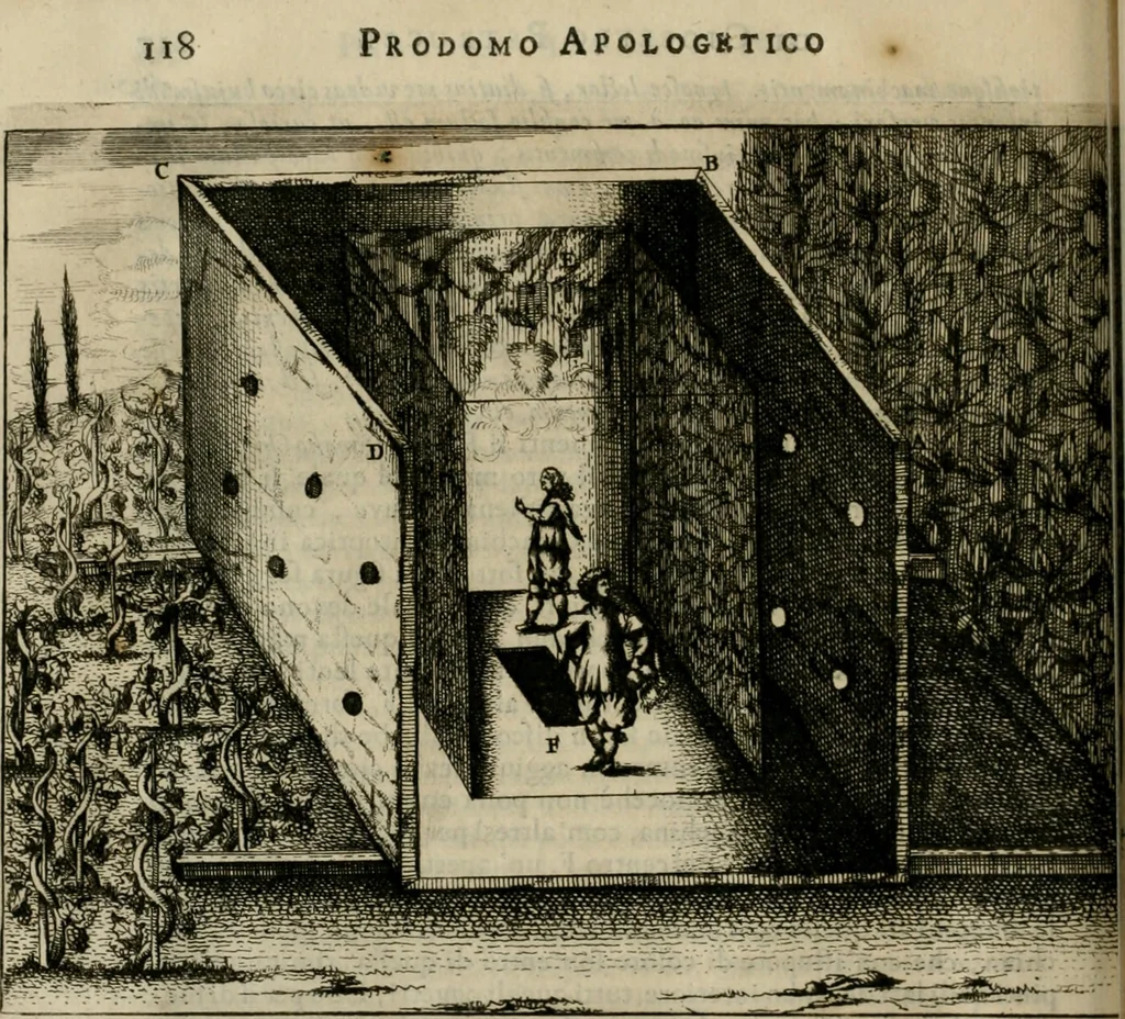 An illustration from Prodomo apologetico alli studi Chircheriani : opera di Gioseffo Petrucci, romano, nella quale con un'apparato di saggi diversi, si dà prova dell' esquisito studio ha tenuto il celebratissimo padre Atanasio Chircher, circa il credere all' opinioni degli scrittori, sì de' tempi andati, come de' presenti, e particolarmente intorno a quelle cose naturali dell' India, che gli furon portate, ò reserte dá quei, che abitarono quelle parti, 1677, leaf 143