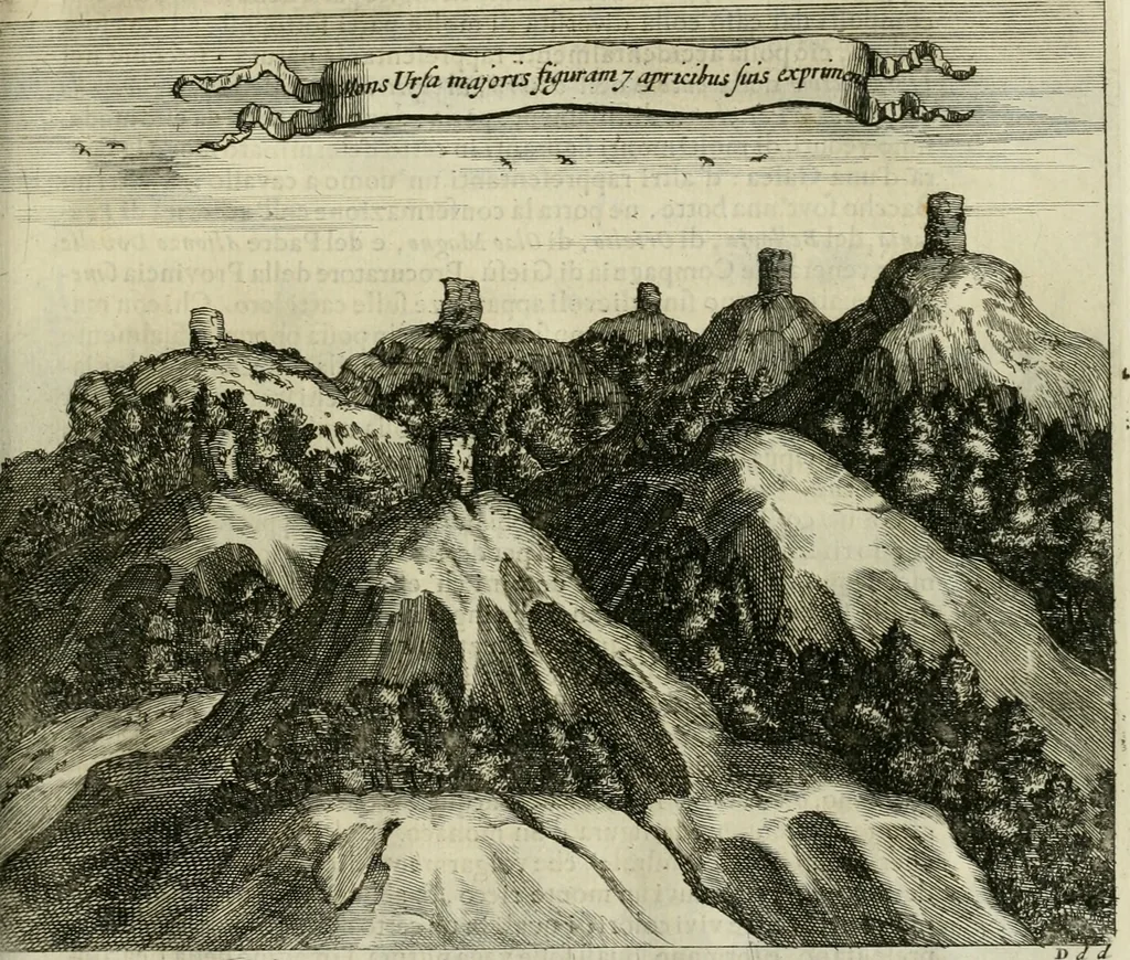 An illustration from Prodomo apologetico alli studi Chircheriani : opera di Gioseffo Petrucci, romano, nella quale con un'apparato di saggi diversi, si dà prova dell' esquisito studio ha tenuto il celebratissimo padre Atanasio Chircher, circa il credere all' opinioni degli scrittori, sì de' tempi andati, come de' presenti, e particolarmente intorno a quelle cose naturali dell' India, che gli furon portate, ò reserte dá quei, che abitarono quelle parti, 1677, leaf 208