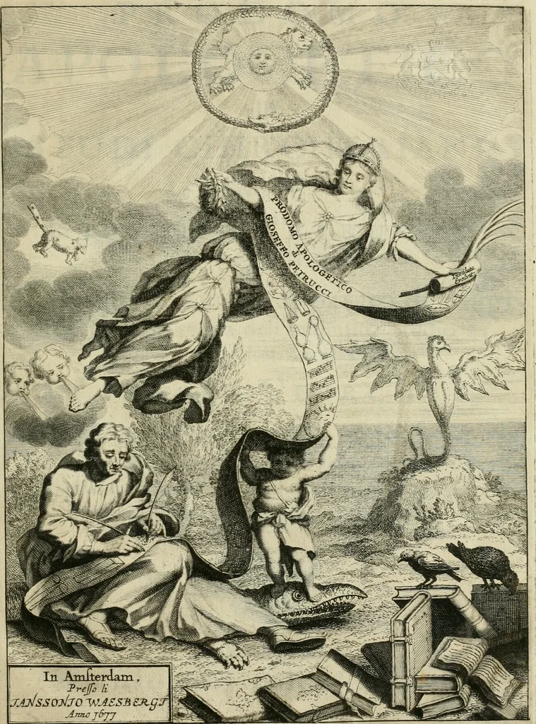 An illustration from Prodomo apologetico alli studi Chircheriani : opera di Gioseffo Petrucci, romano, nella quale con un'apparato di saggi diversi, si dà prova dell' esquisito studio ha tenuto il celebratissimo padre Atanasio Chircher, circa il credere all' opinioni degli scrittori, sì de' tempi andati, come de' presenti, e particolarmente intorno a quelle cose naturali dell' India, che gli furon portate, ò reserte dá quei, che abitarono quelle parti, 1677, leaf 6