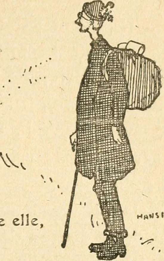 An illustration from Professeur Knatschké; oeuvres choisies du grand savant allemand et de sa fille Elsa. Recueillies et illustrées pour les Alsaciens par Hansi. Fidèlement traduites en français par H.P. Colle, 1916, leaf 130
