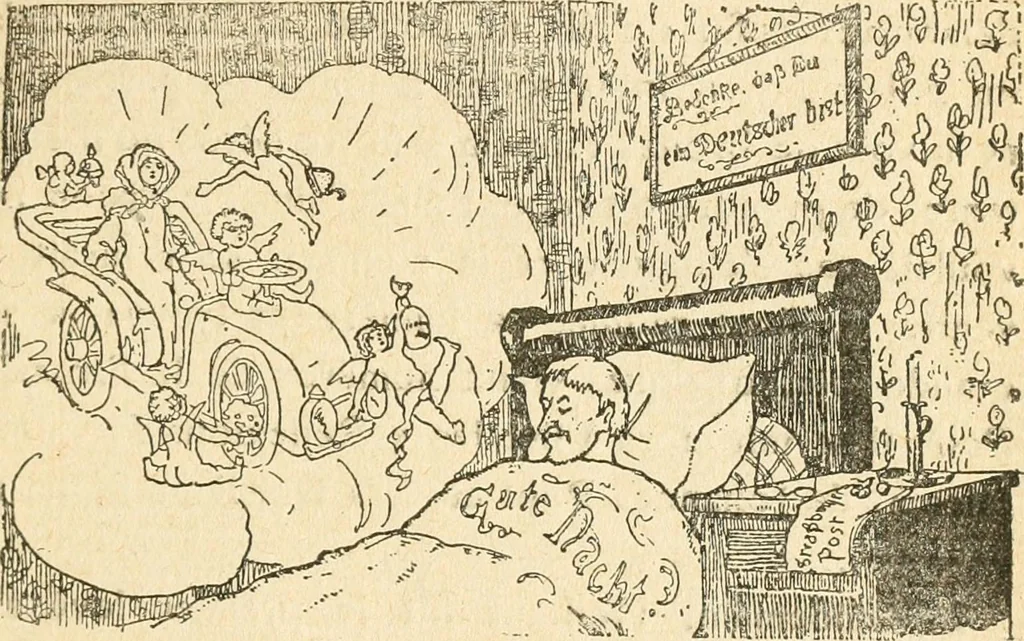 An illustration from Professeur Knatschké; oeuvres choisies du grand savant allemand et de sa fille Elsa. Recueillies et illustrées pour les Alsaciens par Hansi. Fidèlement traduites en français par H.P. Colle, 1916, leaf 136