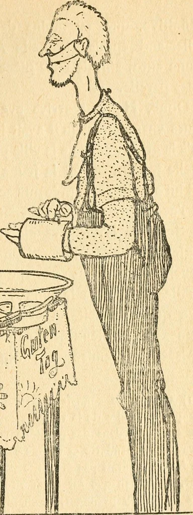 An illustration from Professeur Knatschké; oeuvres choisies du grand savant allemand et de sa fille Elsa. Recueillies et illustrées pour les Alsaciens par Hansi. Fidèlement traduites en français par H.P. Colle, 1916, leaf 138