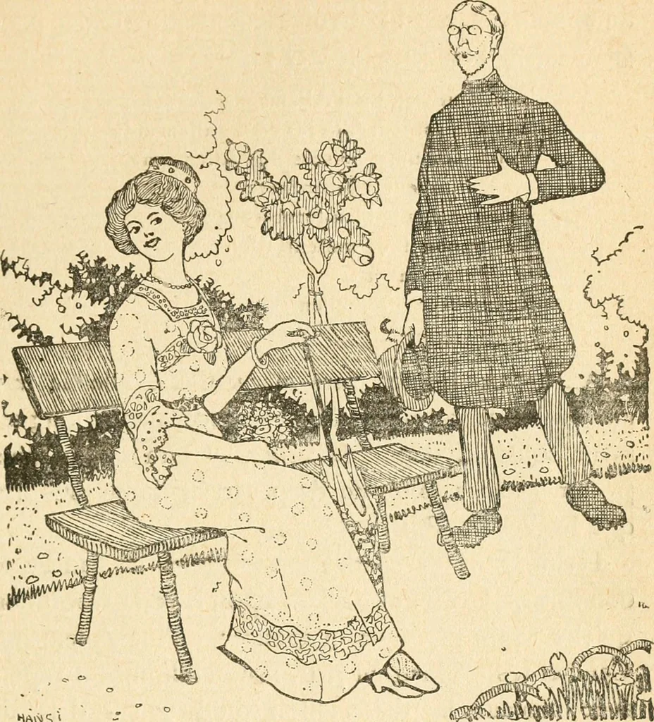 An illustration from Professeur Knatschké; oeuvres choisies du grand savant allemand et de sa fille Elsa. Recueillies et illustrées pour les Alsaciens par Hansi. Fidèlement traduites en français par H.P. Colle, 1916, leaf 140