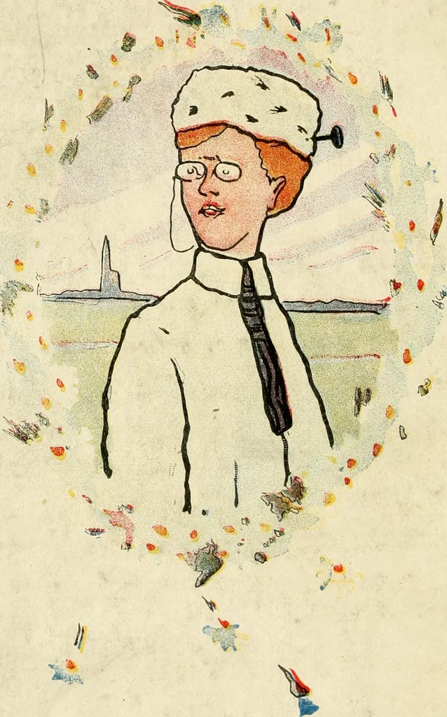 An illustration from Professeur Knatschké; oeuvres choisies du grand savant allemand et de sa fille Elsa. Recueillies et illustrées pour les Alsaciens par Hansi. Fidèlement traduites en français par H.P. Colle, 1916, leaf 153