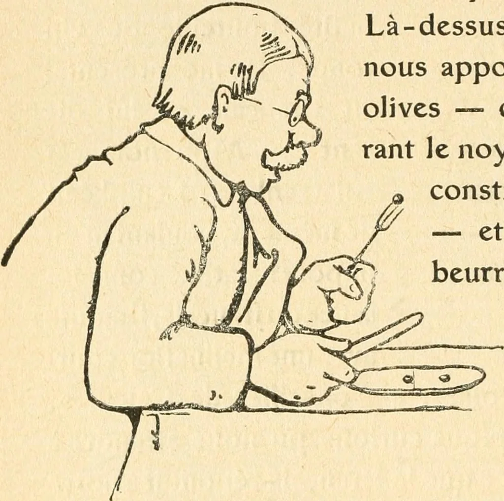 An illustration from Professeur Knatschké; oeuvres choisies du grand savant allemand et de sa fille Elsa. Recueillies et illustrées pour les Alsaciens par Hansi. Fidèlement traduites en français par H.P. Colle, 1916, leaf 33