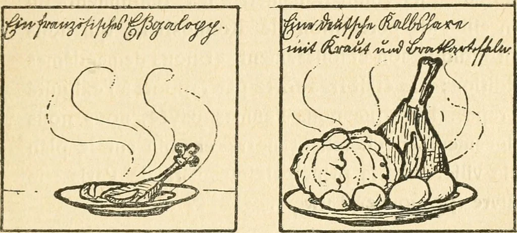 An illustration from Professeur Knatschké; oeuvres choisies du grand savant allemand et de sa fille Elsa. Recueillies et illustrées pour les Alsaciens par Hansi. Fidèlement traduites en français par H.P. Colle, 1916, leaf 34