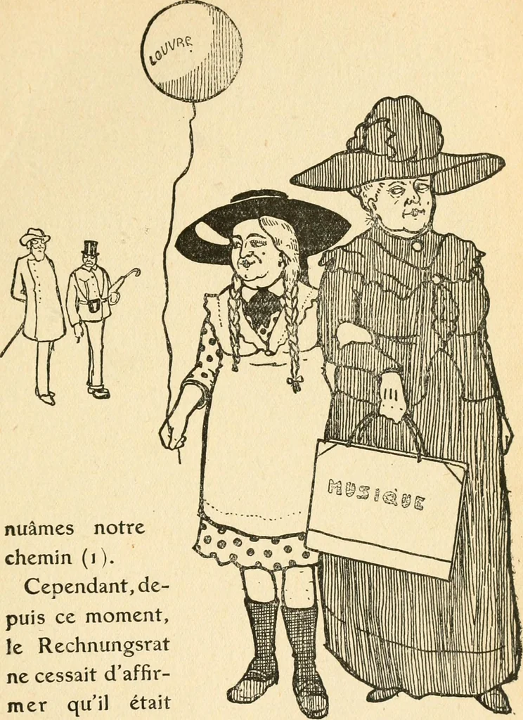 An illustration from Professeur Knatschké; oeuvres choisies du grand savant allemand et de sa fille Elsa. Recueillies et illustrées pour les Alsaciens par Hansi. Fidèlement traduites en français par H.P. Colle, 1916, leaf 44
