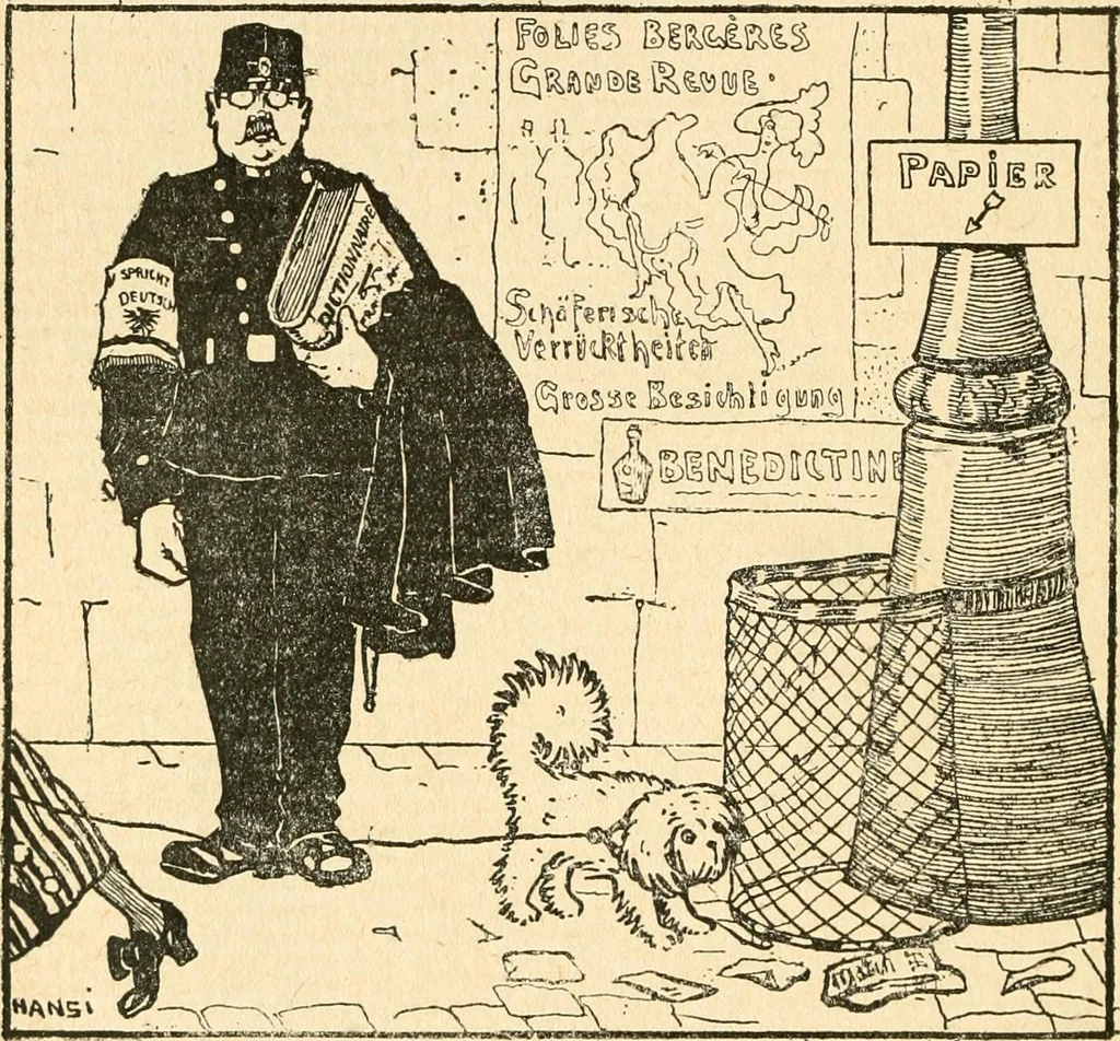 An illustration from Professeur Knatschké; oeuvres choisies du grand savant allemand et de sa fille Elsa. Recueillies et illustrées pour les Alsaciens par Hansi. Fidèlement traduites en français par H.P. Colle, 1916, leaf 59