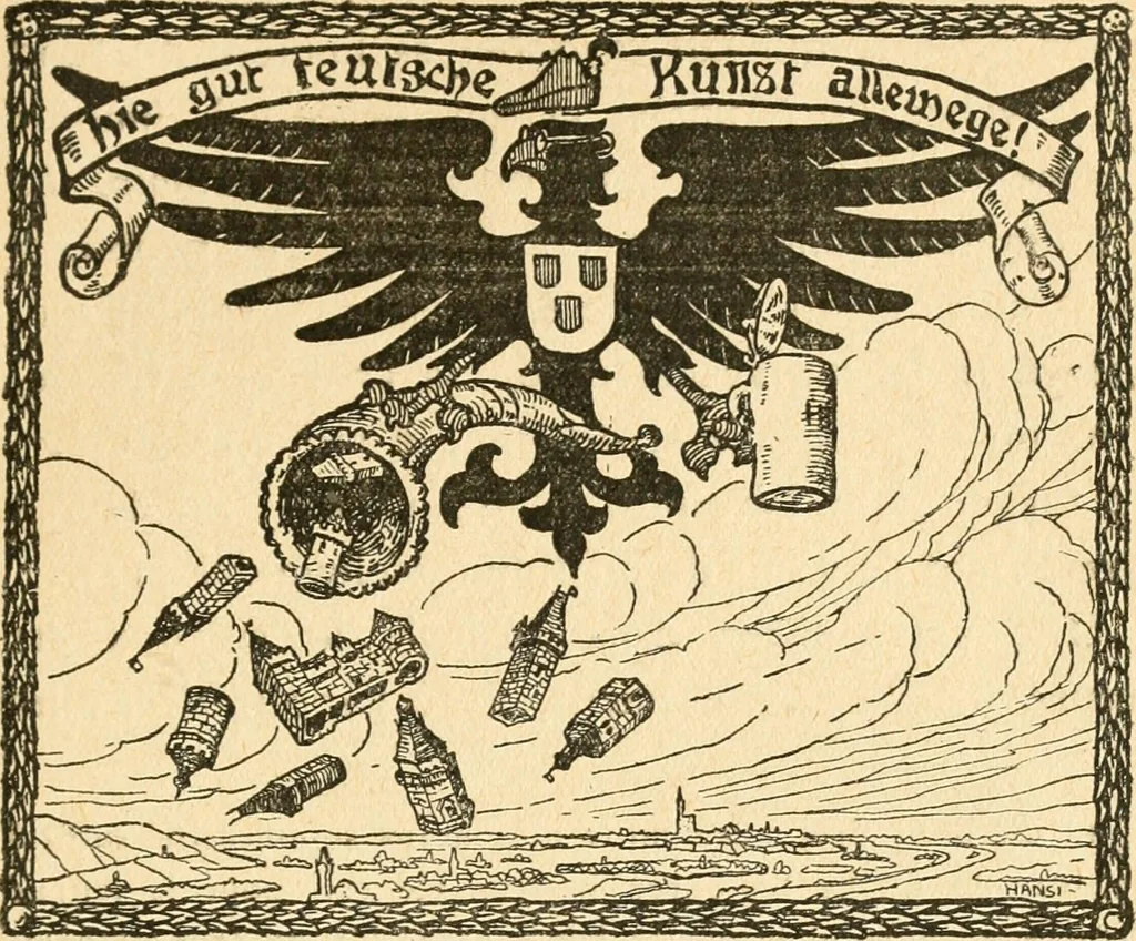 An illustration from Professeur Knatschké; oeuvres choisies du grand savant allemand et de sa fille Elsa. Recueillies et illustrées pour les Alsaciens par Hansi. Fidèlement traduites en français par H.P. Colle, 1916, leaf 62
